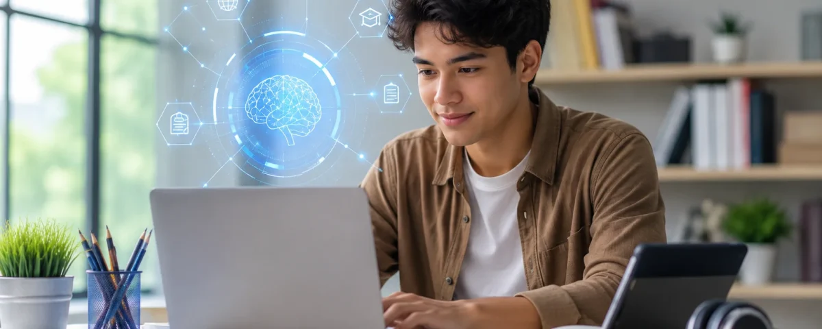 College student studying with laptop and AI technology interface in a modern workspace