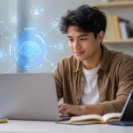 College student studying with laptop and AI technology interface in a modern workspace