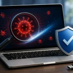 Malware removal concept featuring a laptop, virus scan, and cybersecurity shield.