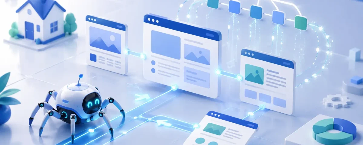 Search engine crawler optimizing crawl budget across connected website pages and sitemap structure.